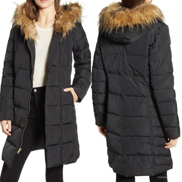 Jackets & Blazers - COLE HAAN Faux-fur-trim Hooded Asymmetrical Down
